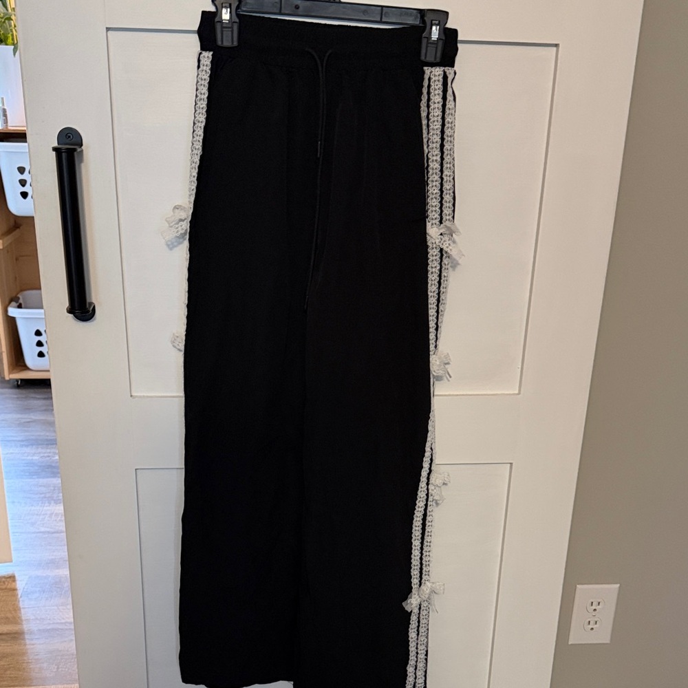 Black Pants with White Side Tassels wide leg drawstring